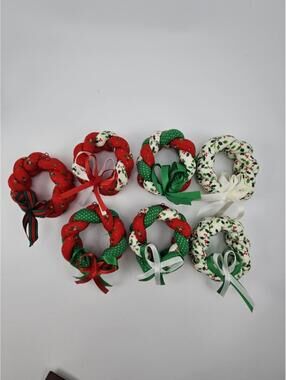 Set of 7 Vintage Fabric Christmas Wreath Napkin Rings/Mini Ornaments